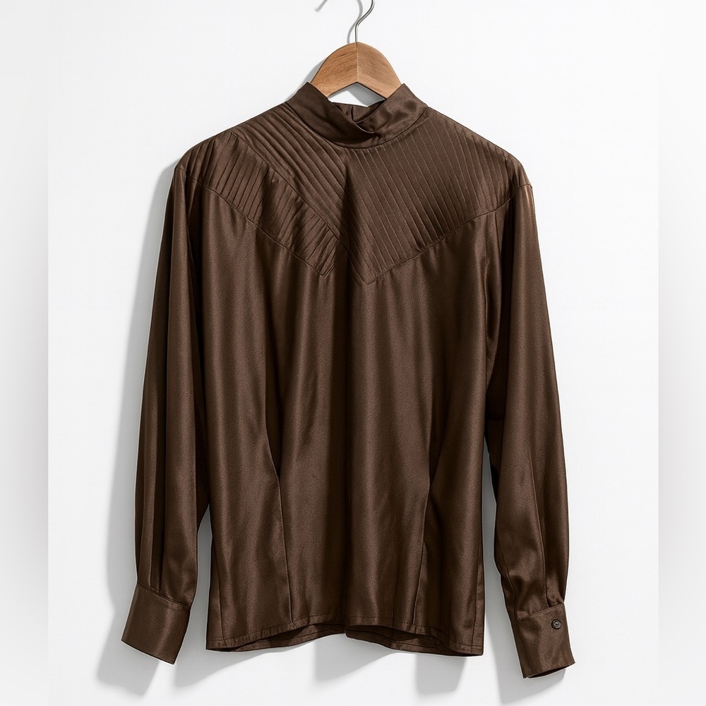 Joanie Char | 100% Silk Brown Button-Back Pleated Yoke Mock Neck Blouse Top 8 - Picture 1 of 17